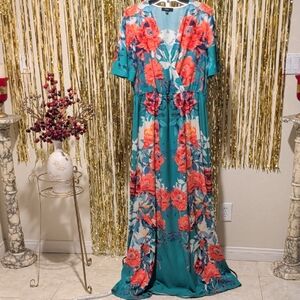 Floral Maxi Dress in Teal and Terracotta By Lulus, XL